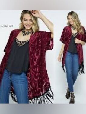 Vocal Velvet Burnout Floral duster  Kimono with Fringe - Burgundy